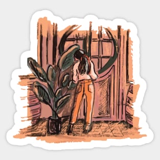 Girl near doorway Sticker